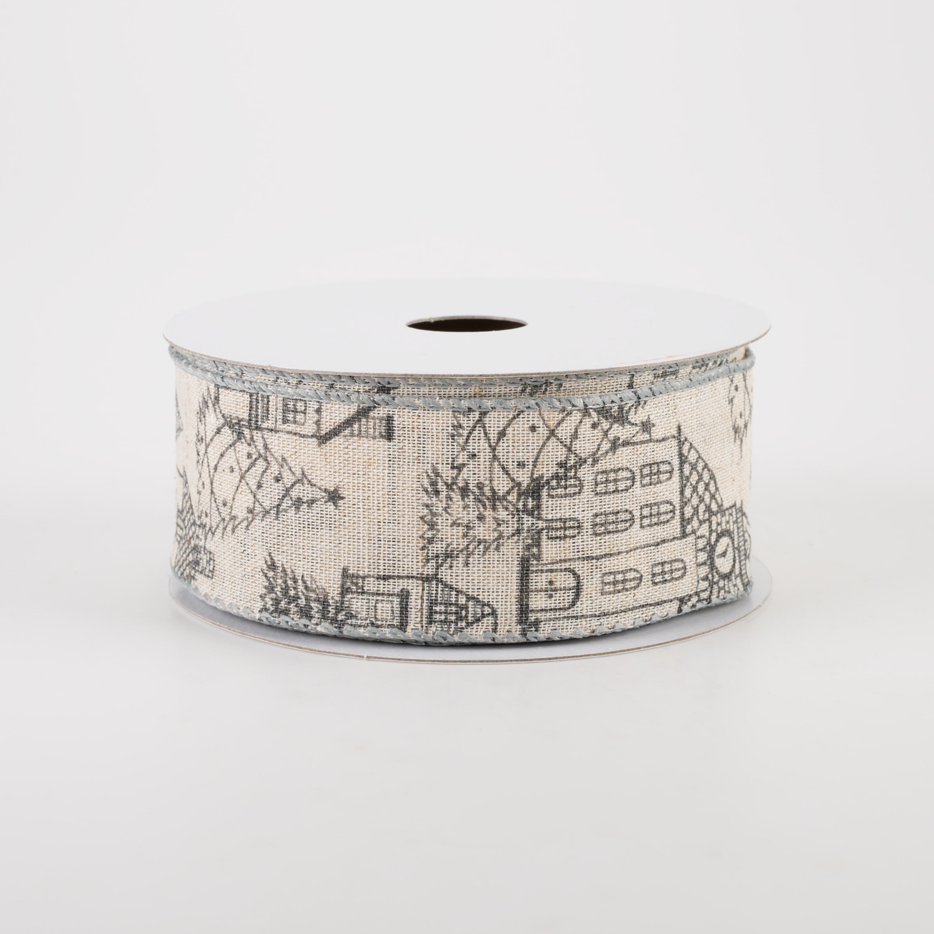 1.5" Ivory Canvas Outlined Houses Ribbon: Grey (10 Yards)