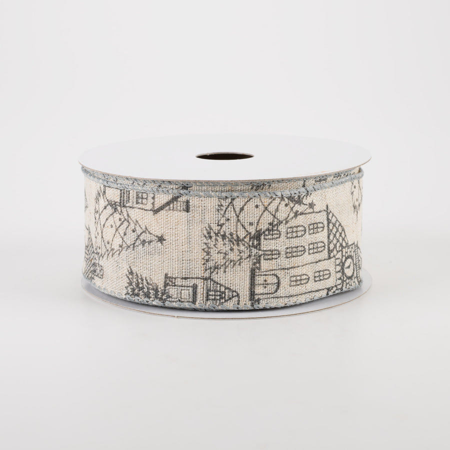 1.5" Ivory Canvas Outlined Houses Ribbon: Grey (10 Yards)