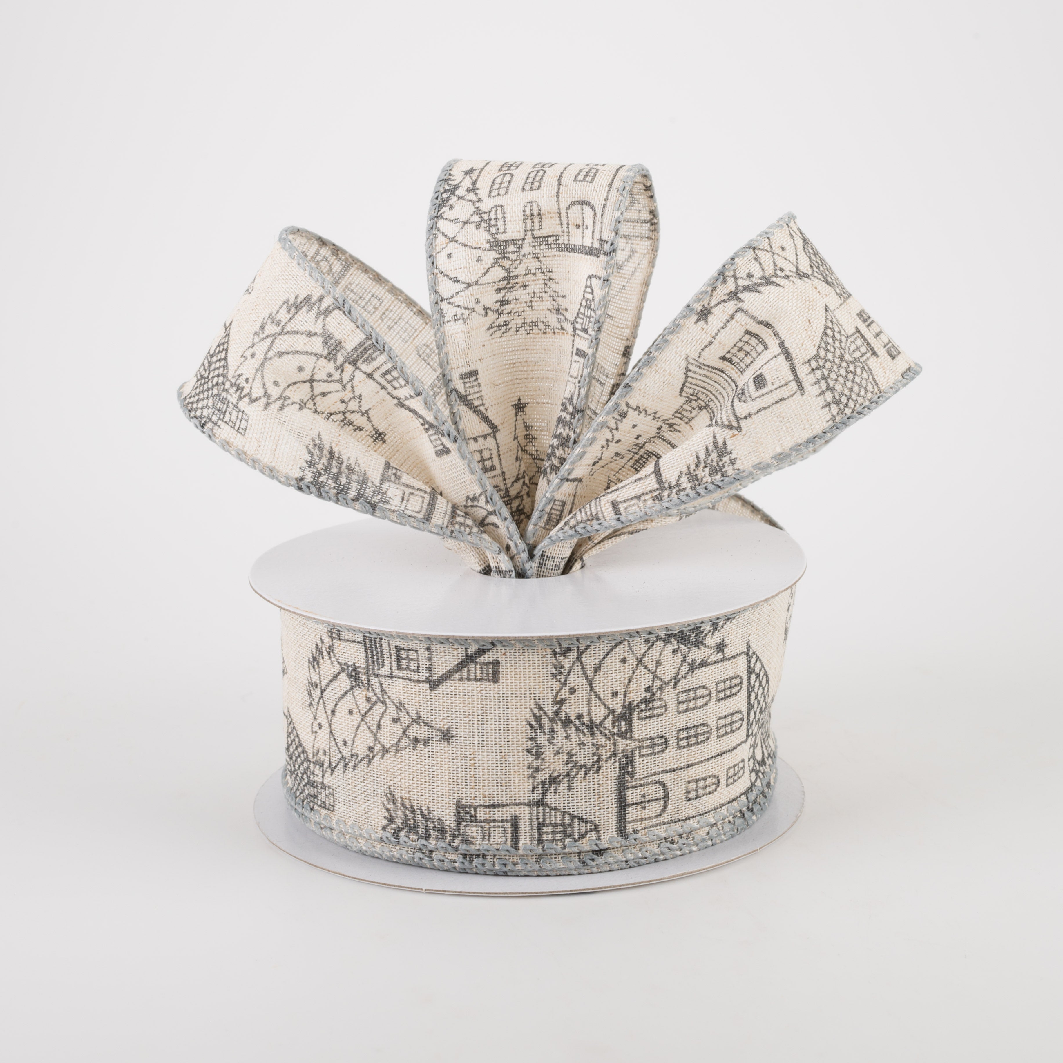 1.5" Ivory Canvas Outlined Houses Ribbon: Grey (10 Yards)