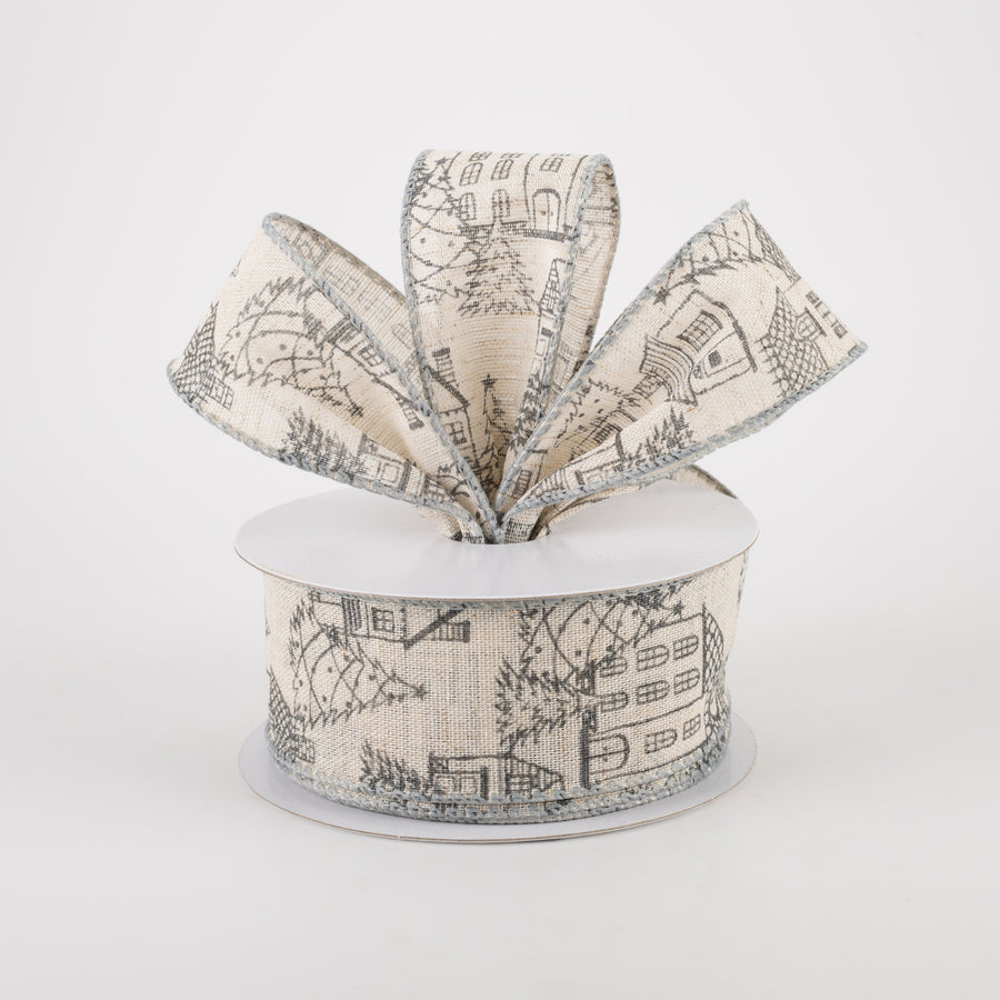 1.5" Ivory Canvas Outlined Houses Ribbon: Grey (10 Yards)