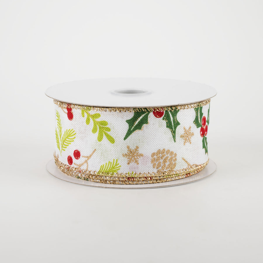 1.5" White Linen Berries Ribbon: Red, Gold, Green (10 Yards)