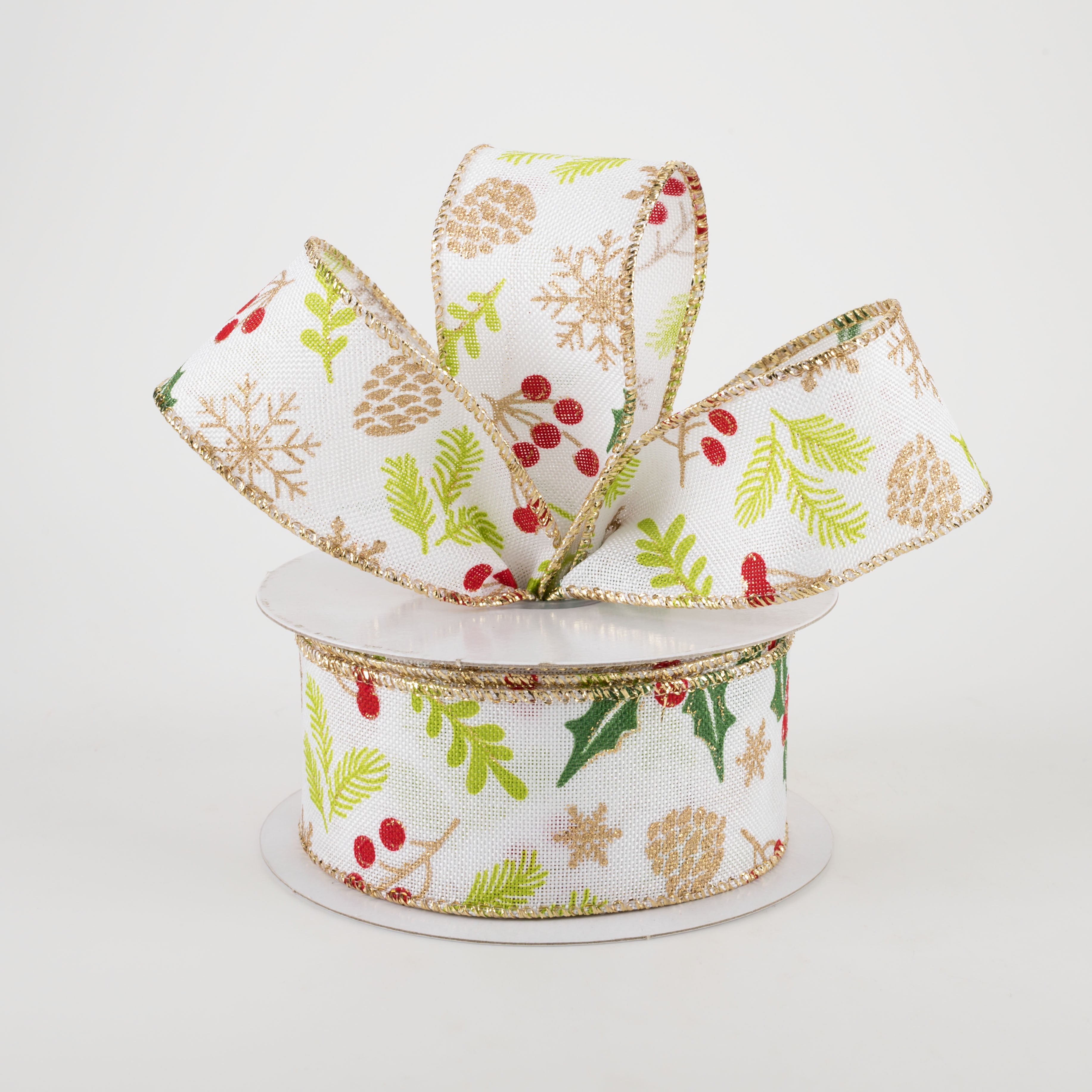 1.5" White Linen Berries Ribbon: Red, Gold, Green (10 Yards)