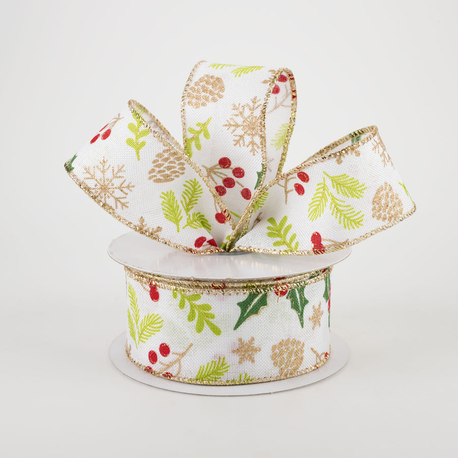 1.5" White Linen Berries Ribbon: Red, Gold, Green (10 Yards)