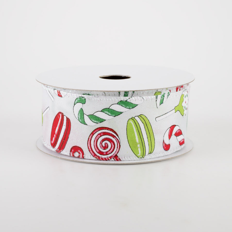 1.5" White Glitter Satin Christmas Treats Ribbon: Red & Green (10 Yards)