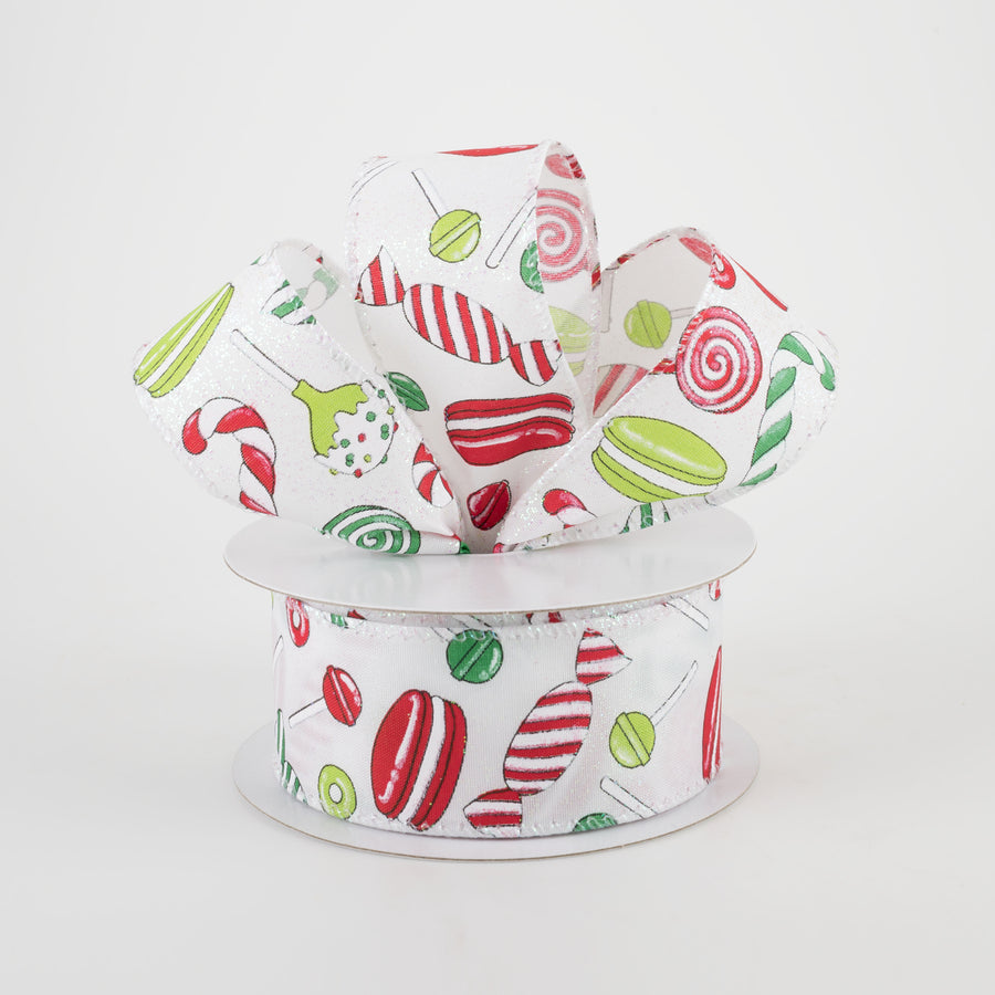 1.5" White Glitter Satin Christmas Treats Ribbon: Red & Green (10 Yards)