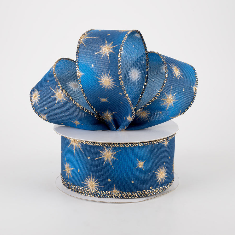 1.5" Navy Satin Skies Ribbon With Gold Stars (10 Yards)