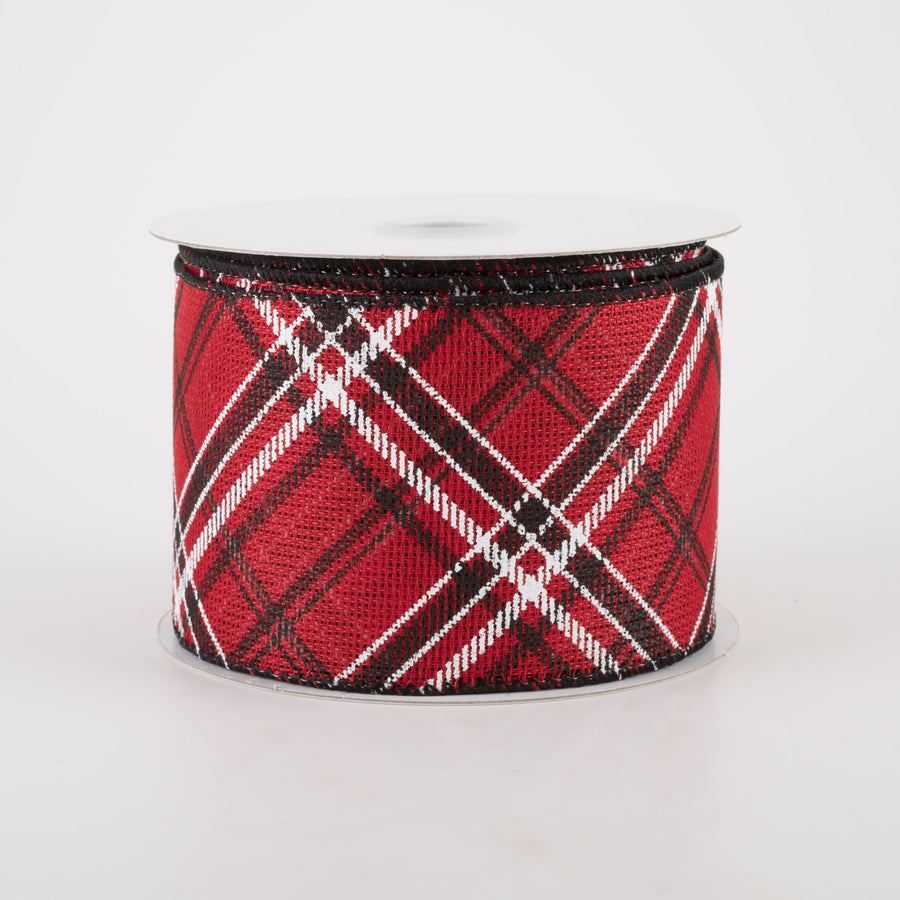 2.5" Faux Burlap Diagonal Plaid Ribbon: Red & Black (10 Yards)