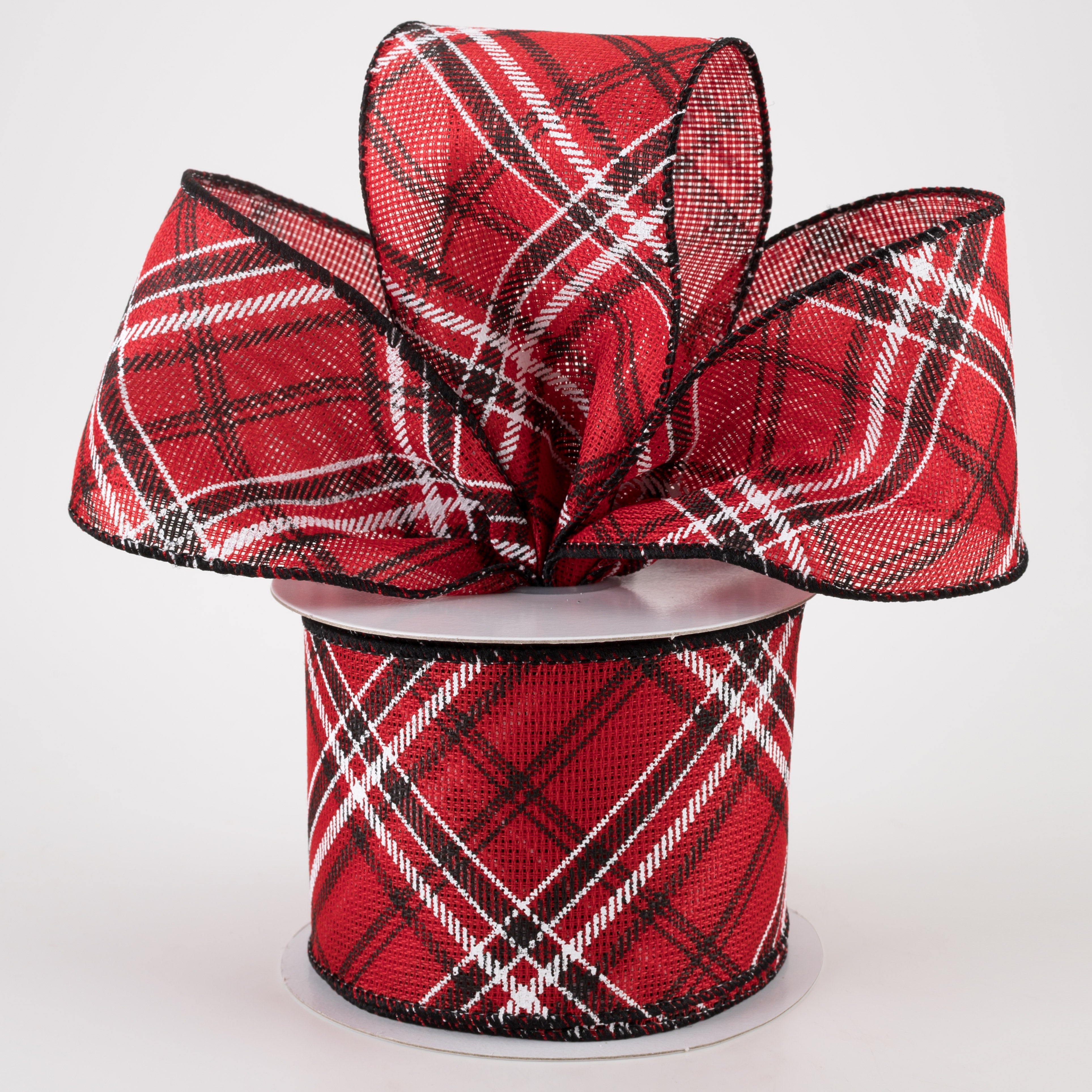 2.5" Faux Burlap Diagonal Plaid Ribbon: Red & Black (10 Yards)