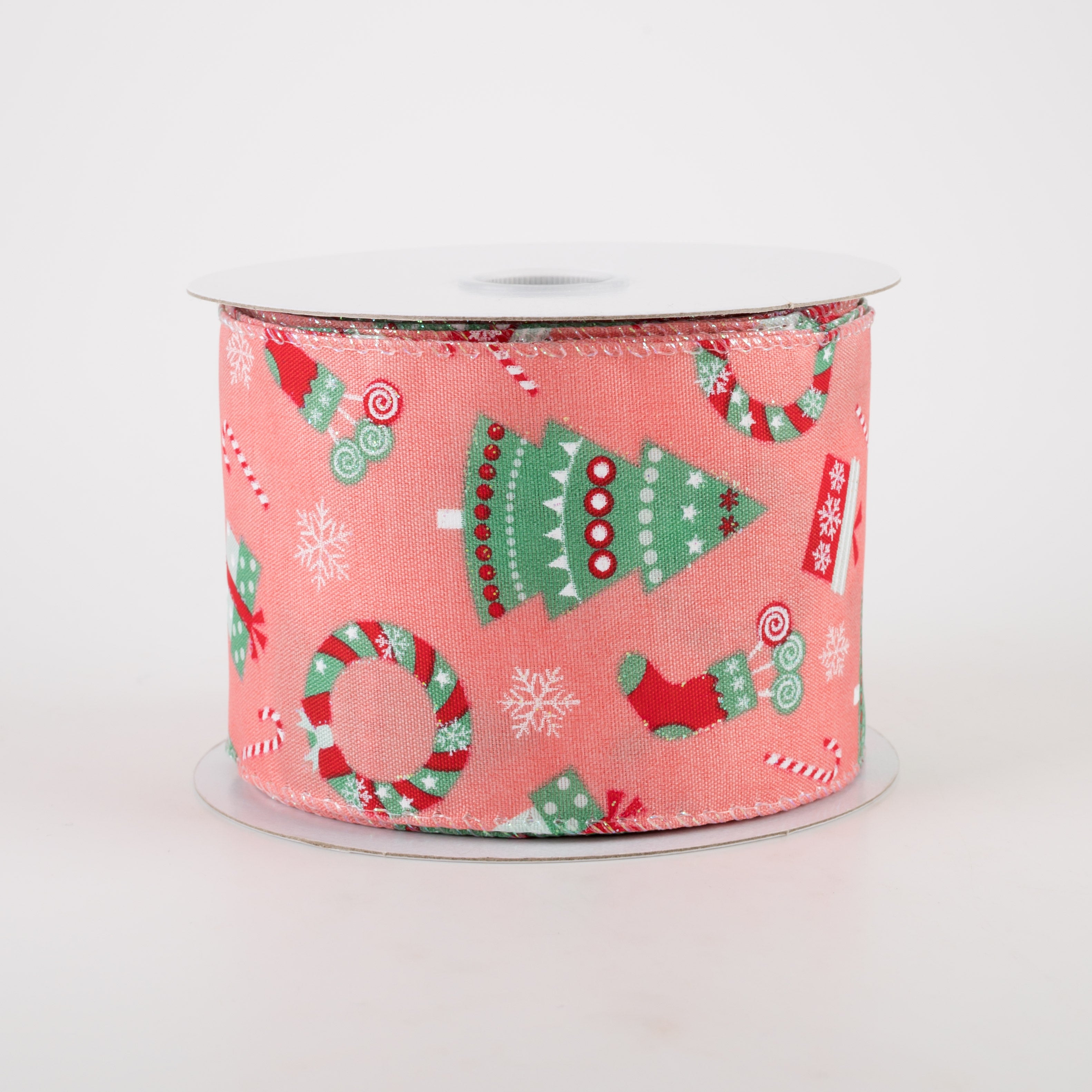 2.5" Satin Retro Christmas Icons Ribbon: Peach (10 Yards)