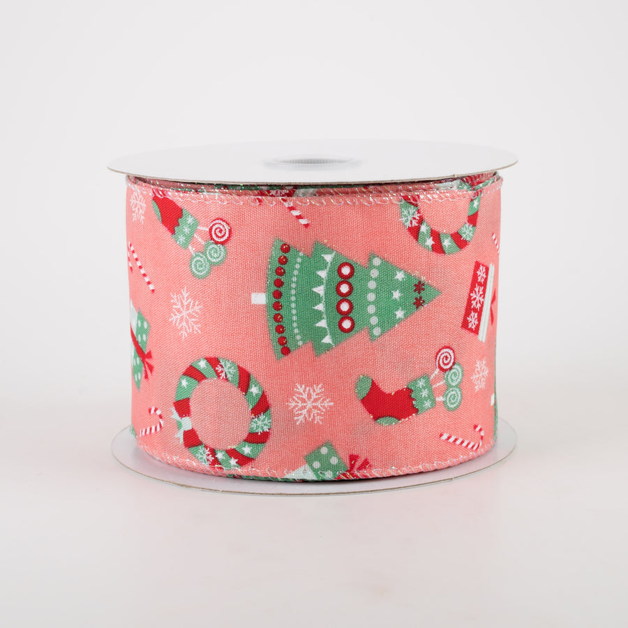 2.5" Satin Retro Christmas Icons Ribbon: Peach (10 Yards)