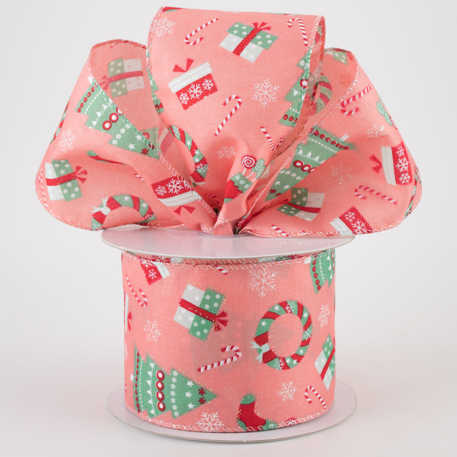 2.5" Satin Retro Christmas Icons Ribbon: Peach (10 Yards)