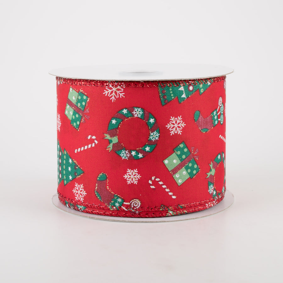 2.5" Satin Retro Christmas Icons Ribbon: Red (10 Yards)