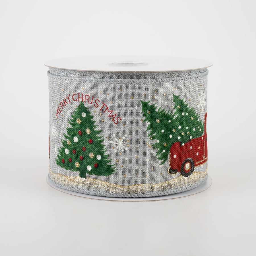 2.5" Linen Vintage Red Tree Truck Ribbon: Grey  (10 Yards)