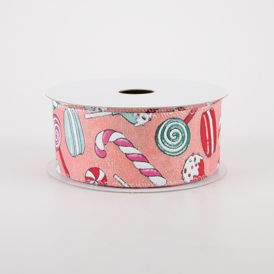 1.5" Peach Glitter Satin Christmas Treats Ribbon (10 Yards)