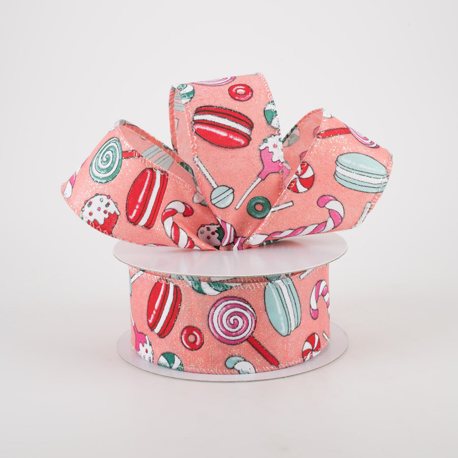 1.5" Peach Glitter Satin Christmas Treats Ribbon (10 Yards)