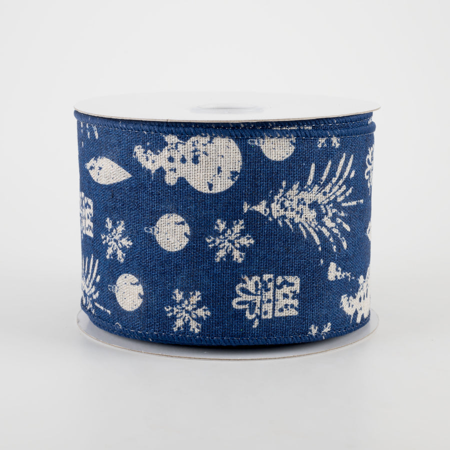 2.5" Stamped Christmas Icons Ribbon: Navy & Ivory (10 Yards)