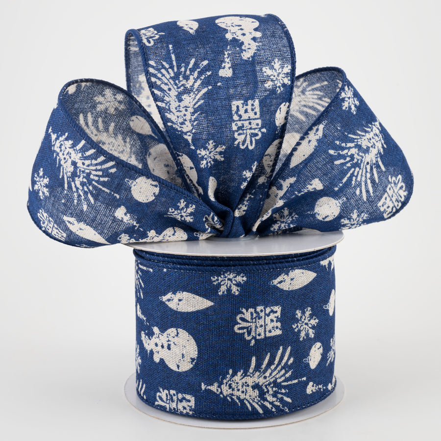 2.5" Stamped Christmas Icons Ribbon: Navy & Ivory (10 Yards)
