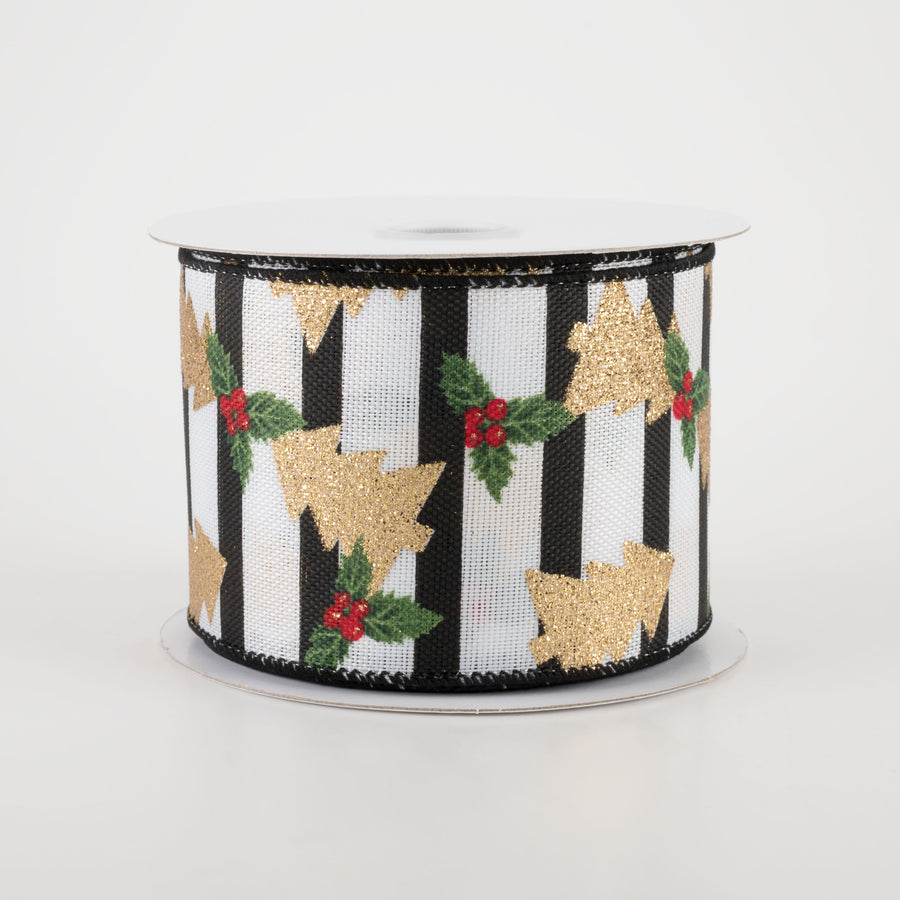 2.5" Gold Glitter Christmas Tree On Stripe Ribbon (10 Yards)
