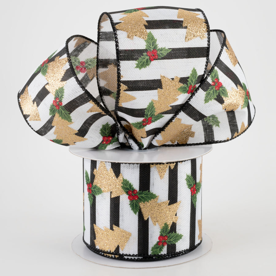 2.5" Gold Glitter Christmas Tree On Stripe Ribbon (10 Yards)