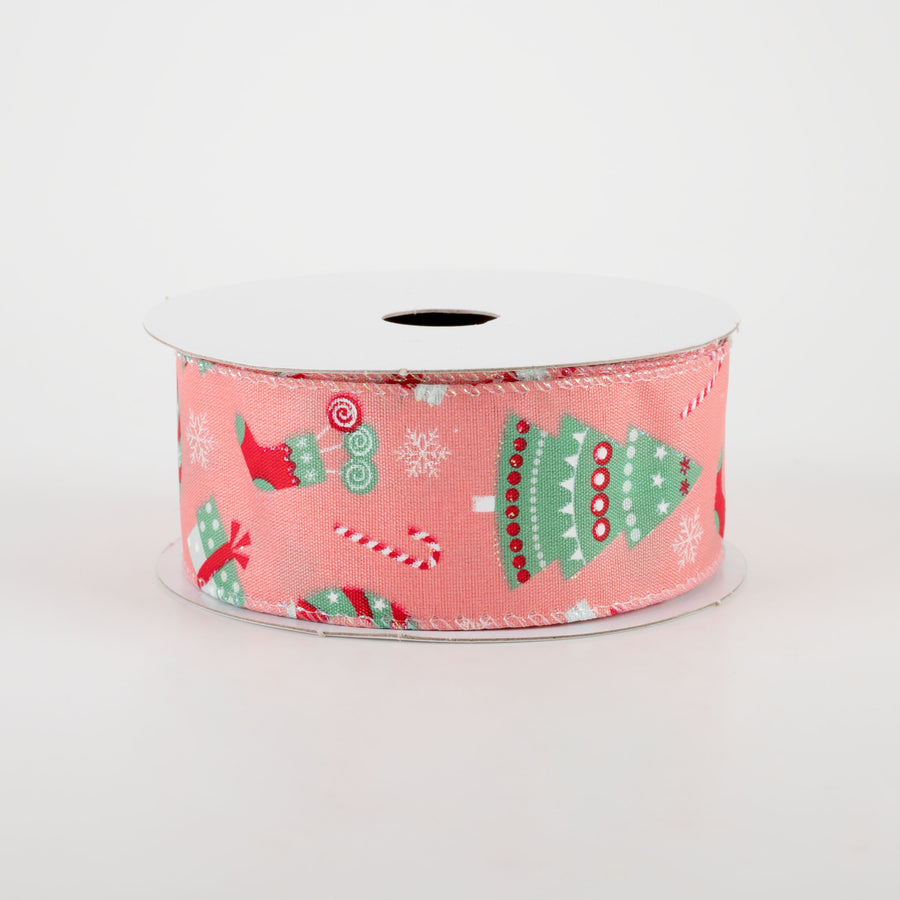 1.5" Satin Retro Christmas Icons Ribbon: Peach (10 Yards)
