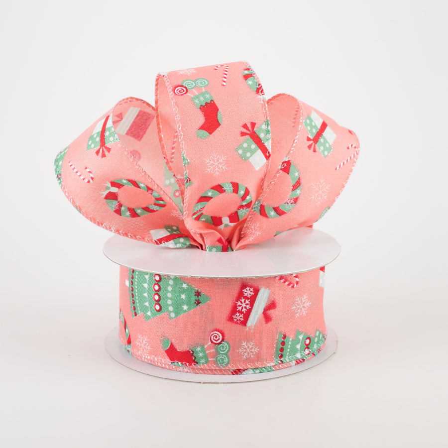 1.5" Satin Retro Christmas Icons Ribbon: Peach (10 Yards)