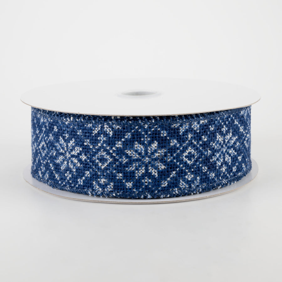 1.5" Burlap Sweater Poinsettia Ribbon: Ivory, Navy (10 Yards)