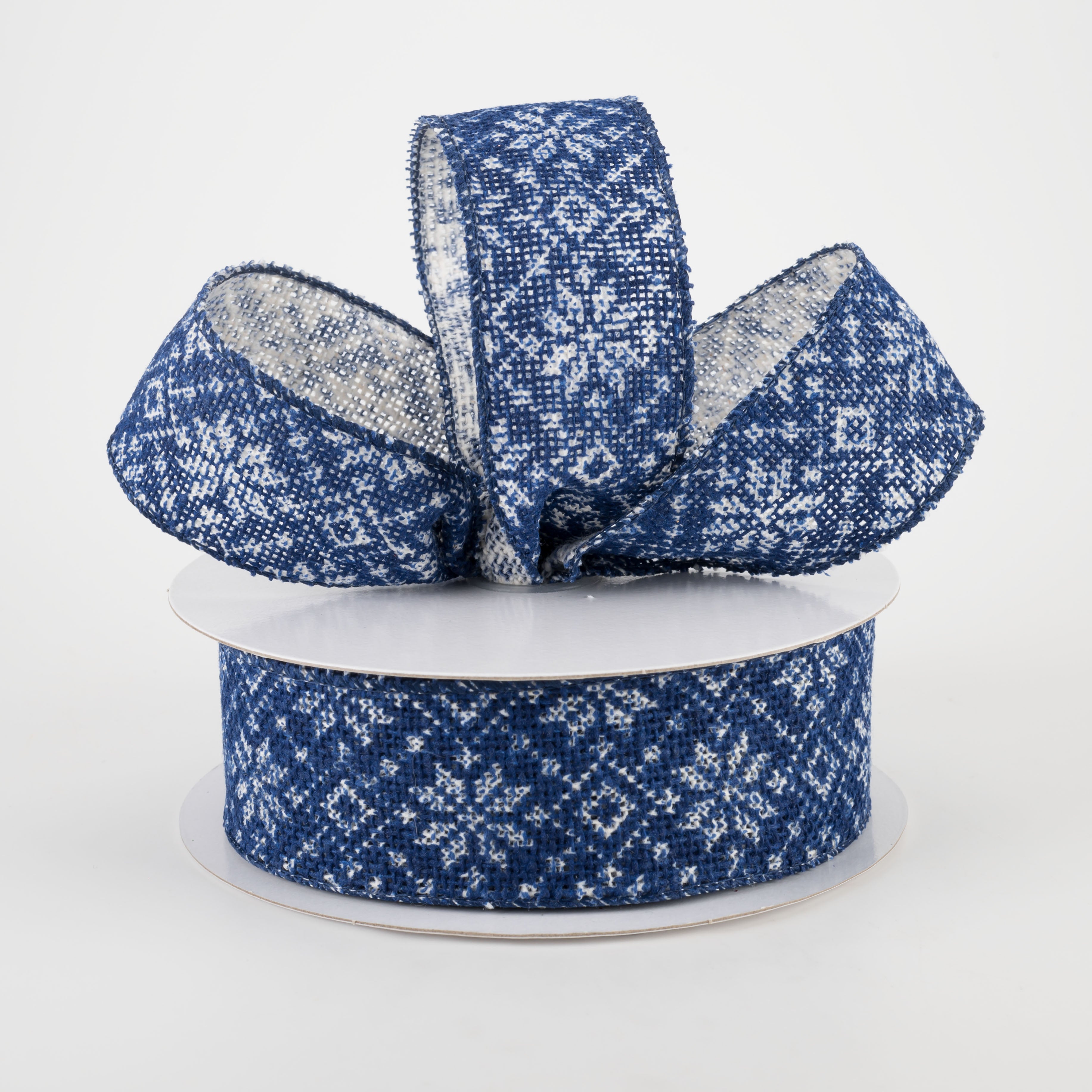 1.5" Burlap Sweater Poinsettia Ribbon: Ivory, Navy (10 Yards)