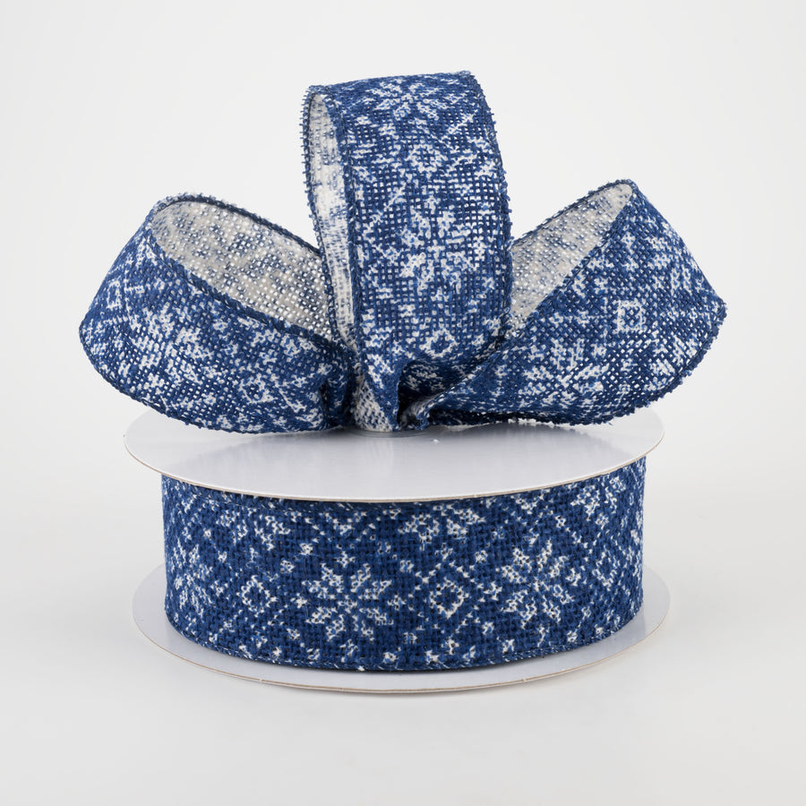 1.5" Burlap Sweater Poinsettia Ribbon: Ivory, Navy (10 Yards)