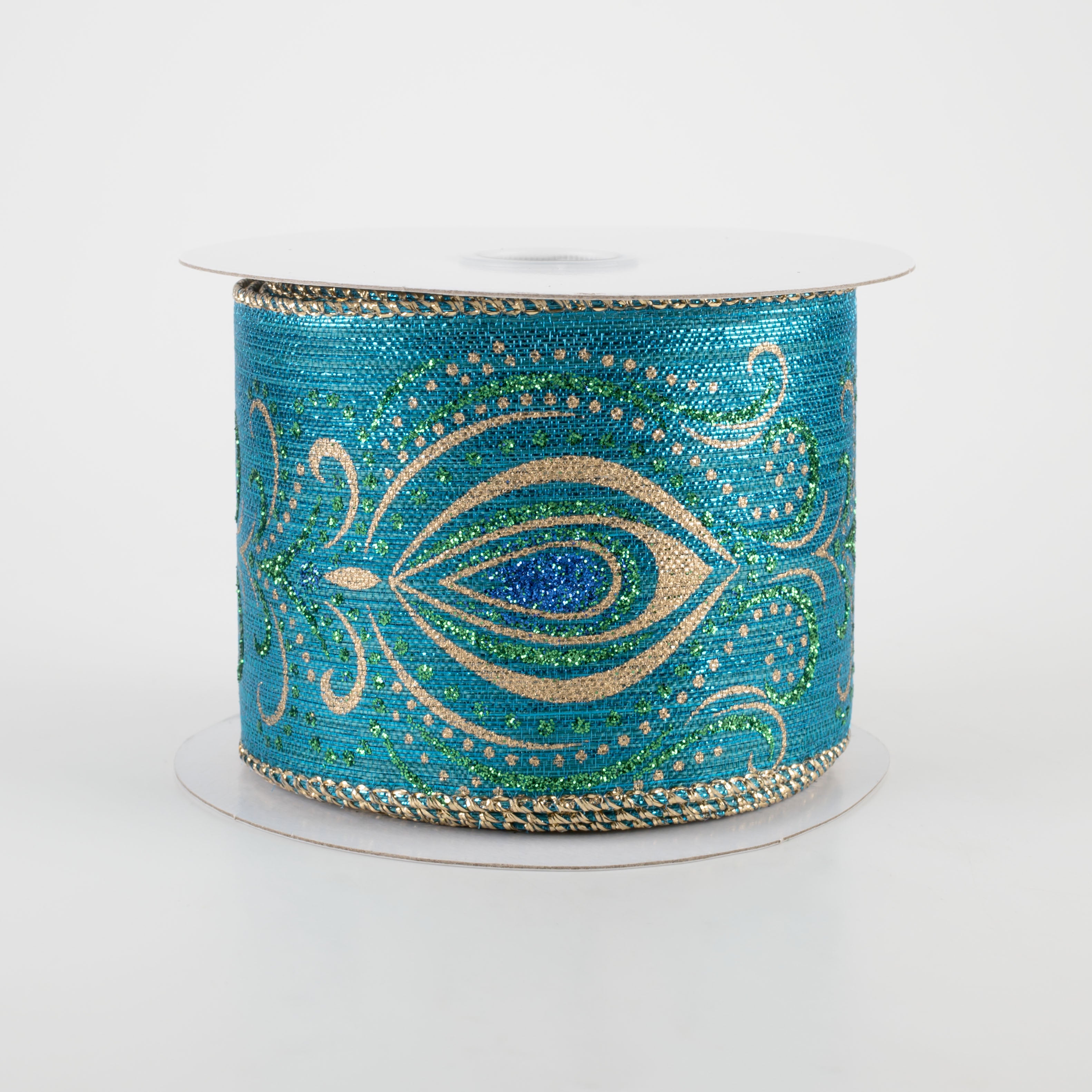 2.5" Peacock Feather Gold Swirls Ribbon (10 Yards)