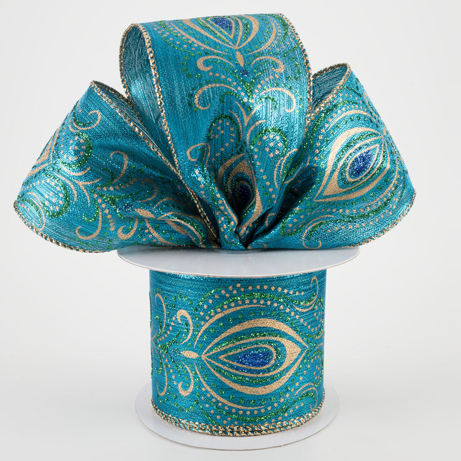 2.5" Peacock Feather Gold Swirls Ribbon (10 Yards)