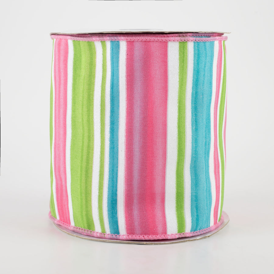 4" Multi Width Horizontal Stripe Ribbon: White, Pink, Ice Blue, Green (10 Yards)
