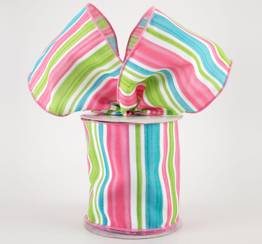 4" Multi Width Horizontal Stripe Ribbon: White, Pink, Ice Blue, Green (10 Yards)