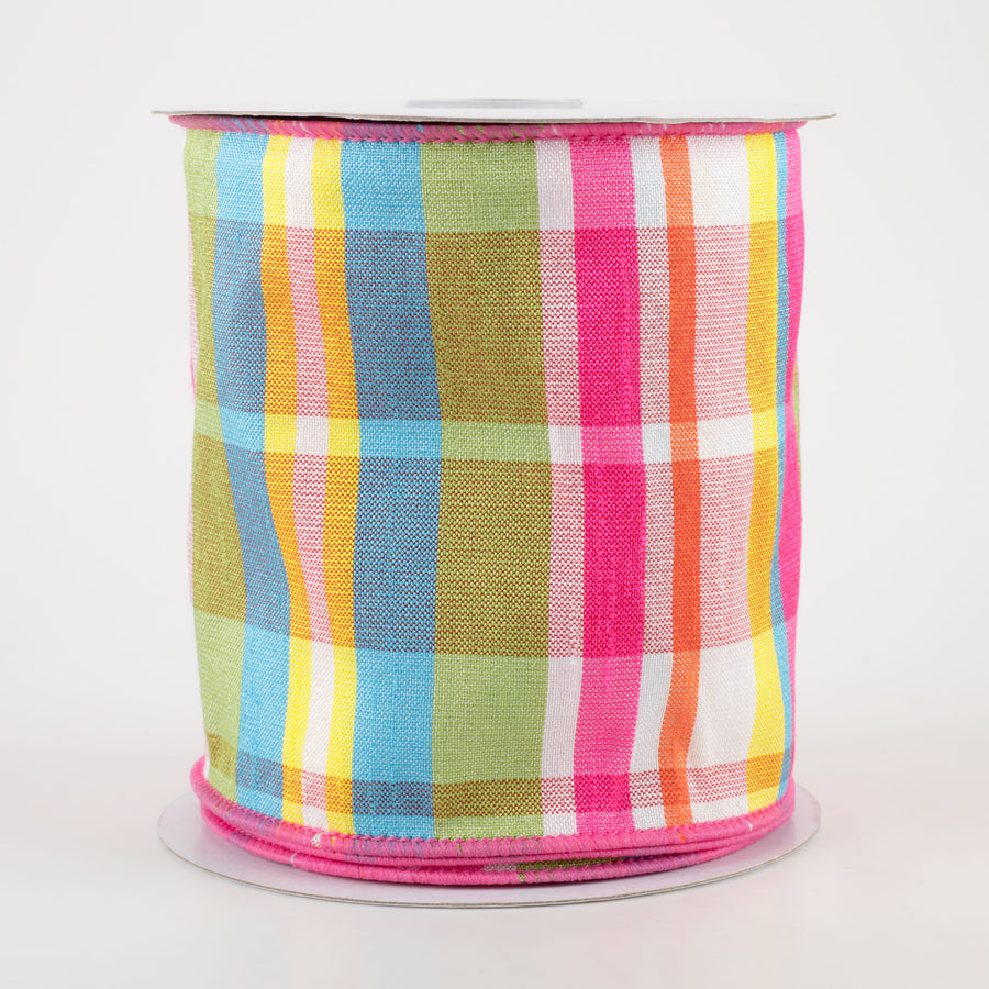 4" Plaid Faux Dupioni Ribbon: Hot Pink, Turquoise, Lime, Yellow (10 Yards)