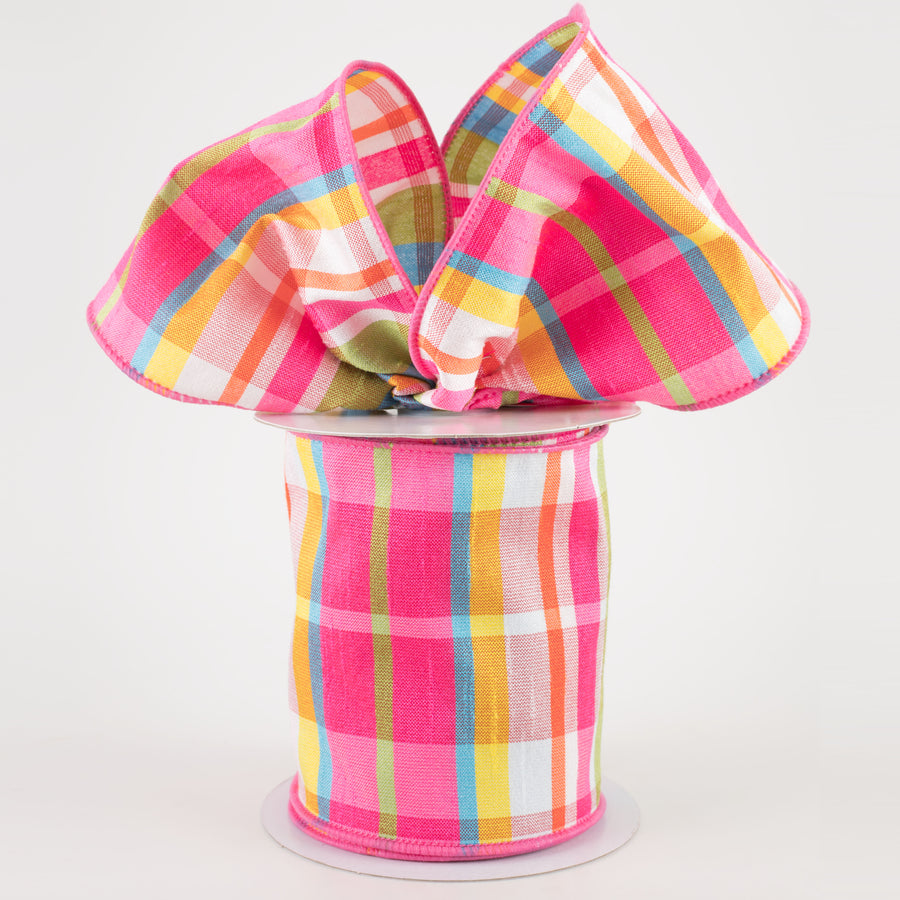 4" Plaid Faux Dupioni Ribbon: Hot Pink, Turquoise, Lime, Yellow (10 Yards)