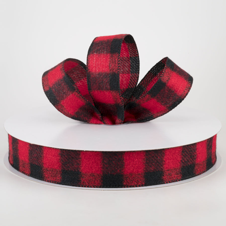 1.5" Brushed Buffalo Plaid Ribbon: Black & Red (50 Yards)