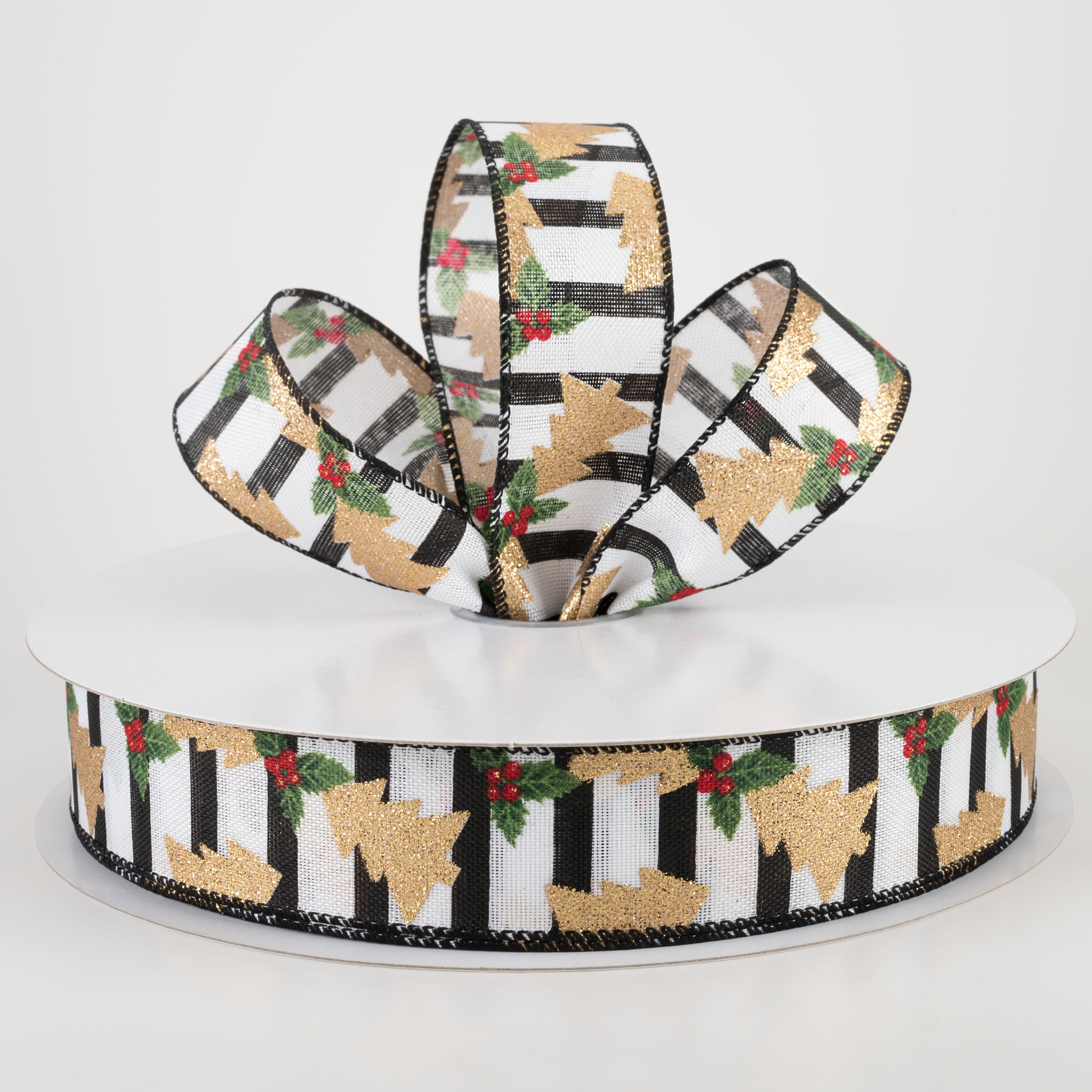 1.5" Gold Glitter Christmas Tree On Stripe Ribbon (50 Yards)