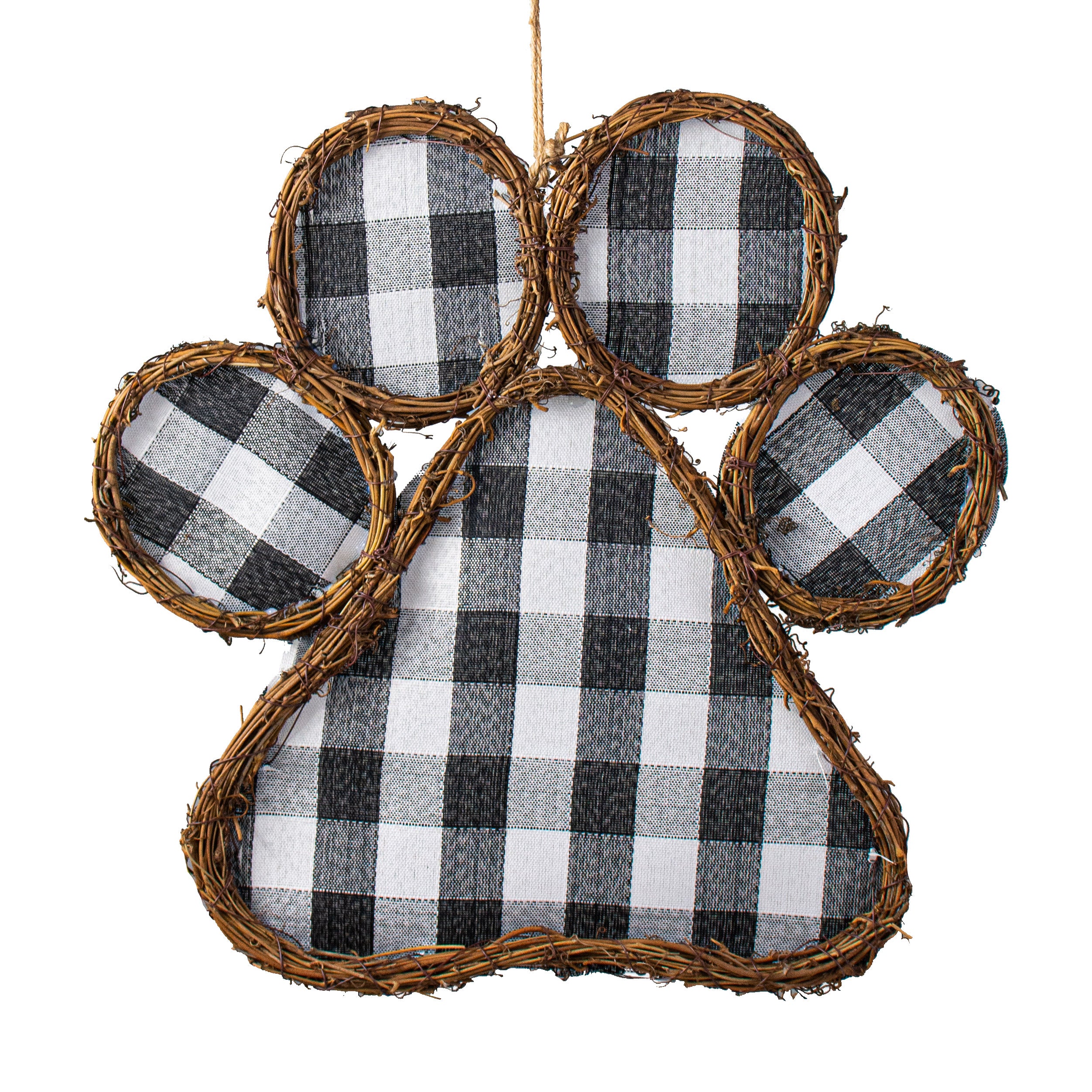 15" Grapevine Hanger: Black & White Check Paw Print