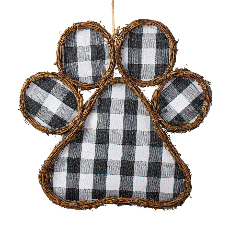 15" Grapevine Hanger: Black & White Check Paw Print
