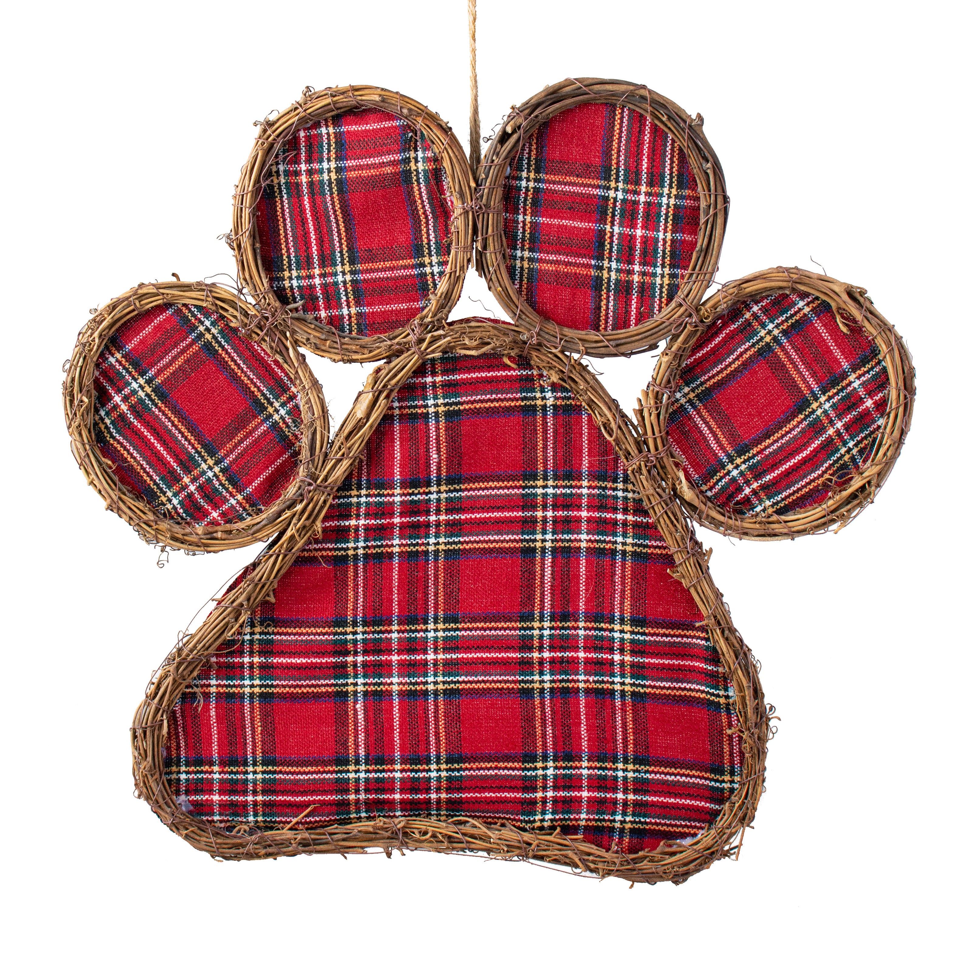 15" Grapevine Hanger: Tartan Plaid Paw Print