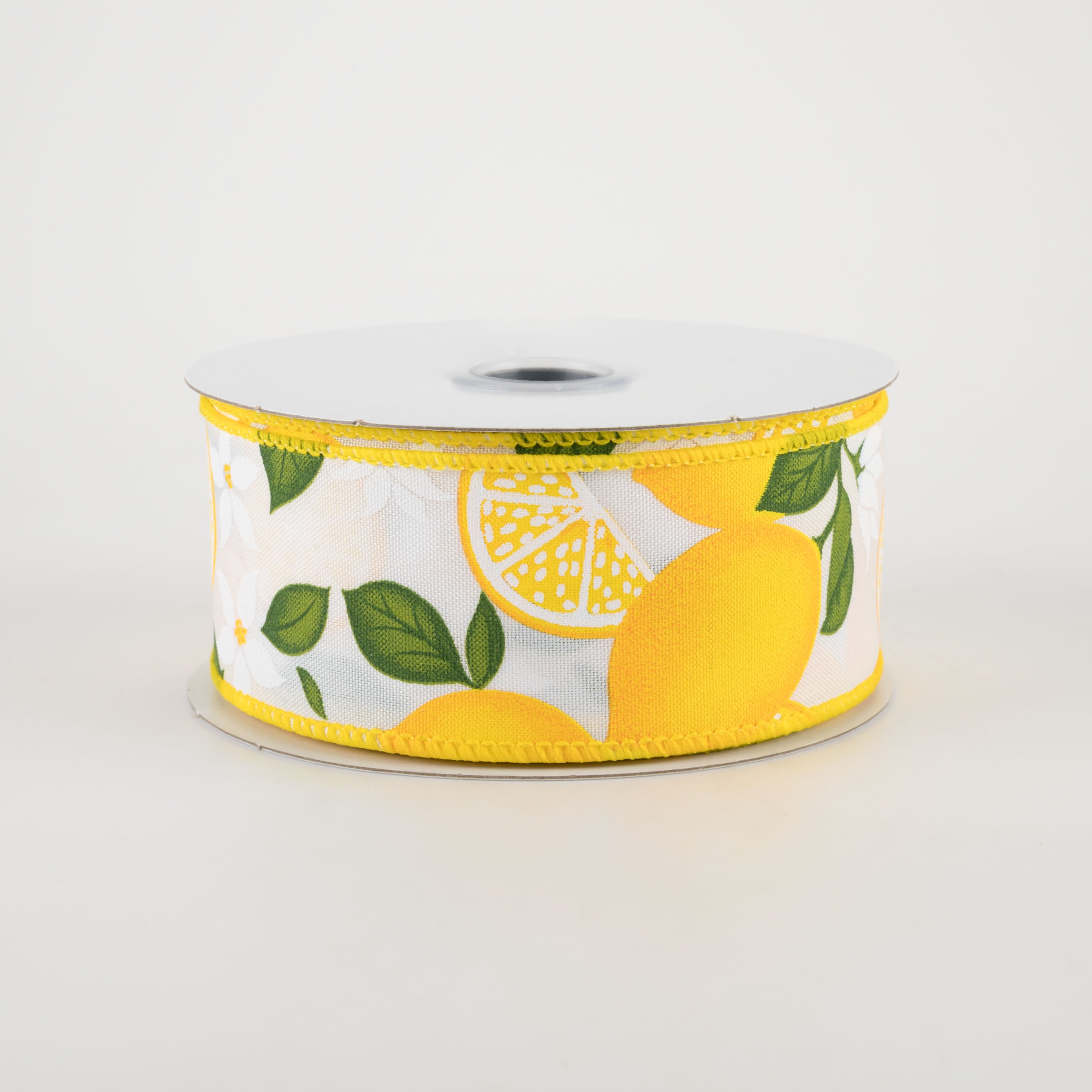 1.5" Lemon With Leaves Flower Ribbon: White (10 Yards)