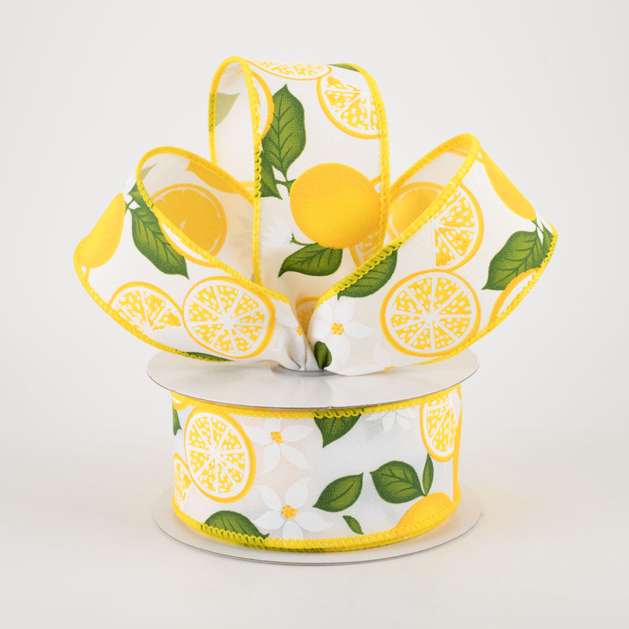1.5" Lemon With Leaves Flower Ribbon: White (10 Yards)
