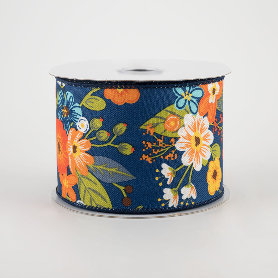 2.5" Graphic Florals Ribbon: Navy, Rust, Orange, Mustard (10 Yards)