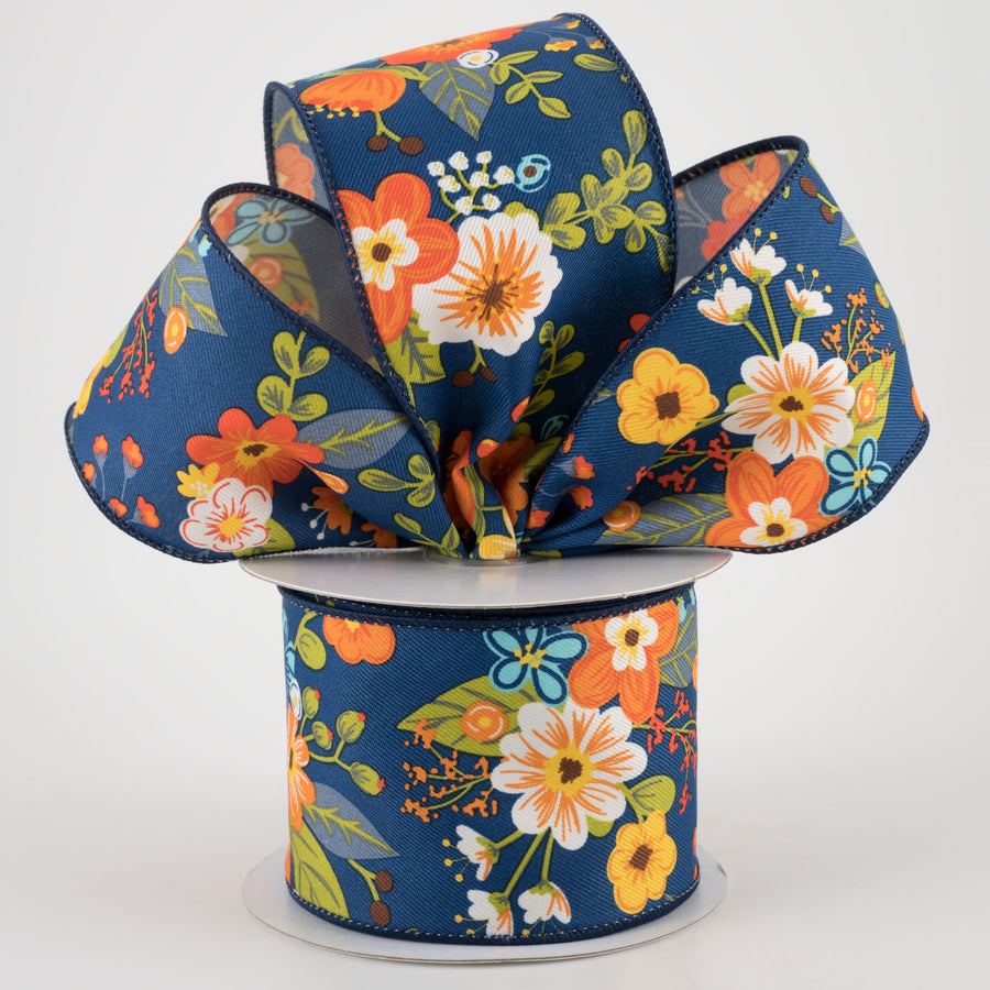 2.5" Graphic Florals Ribbon: Navy, Rust, Orange, Mustard (10 Yards)