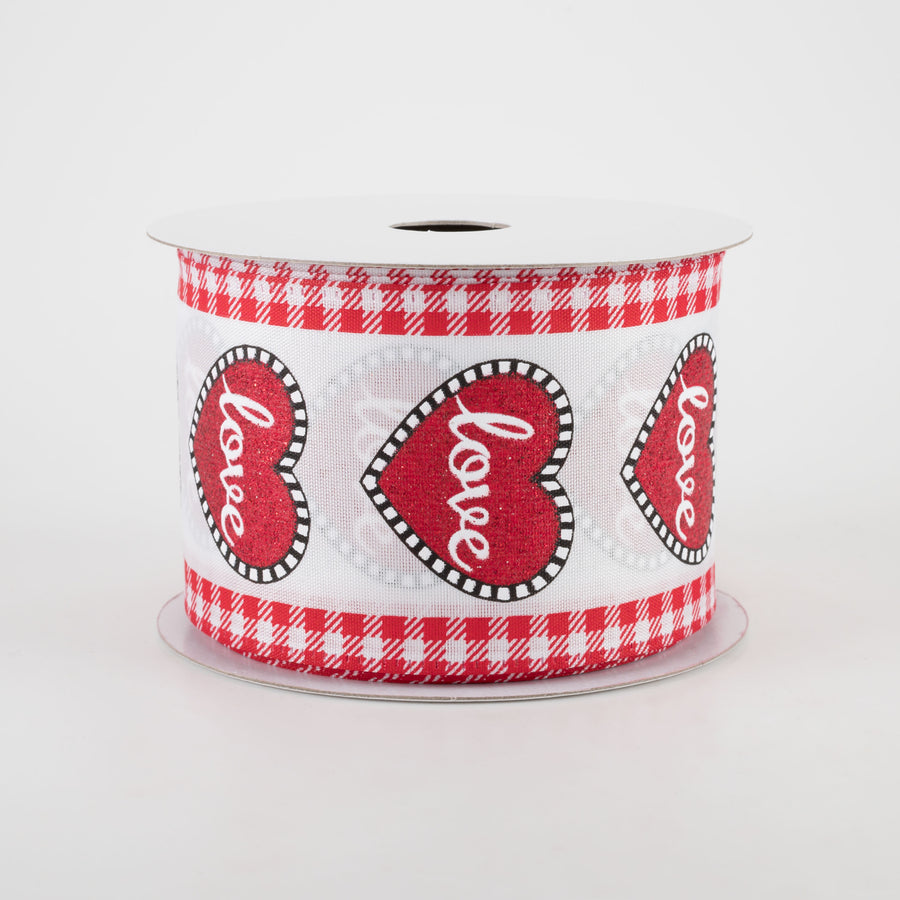 2.5" Love Heart Red Gingham Edge Ribbon (10 Yards)