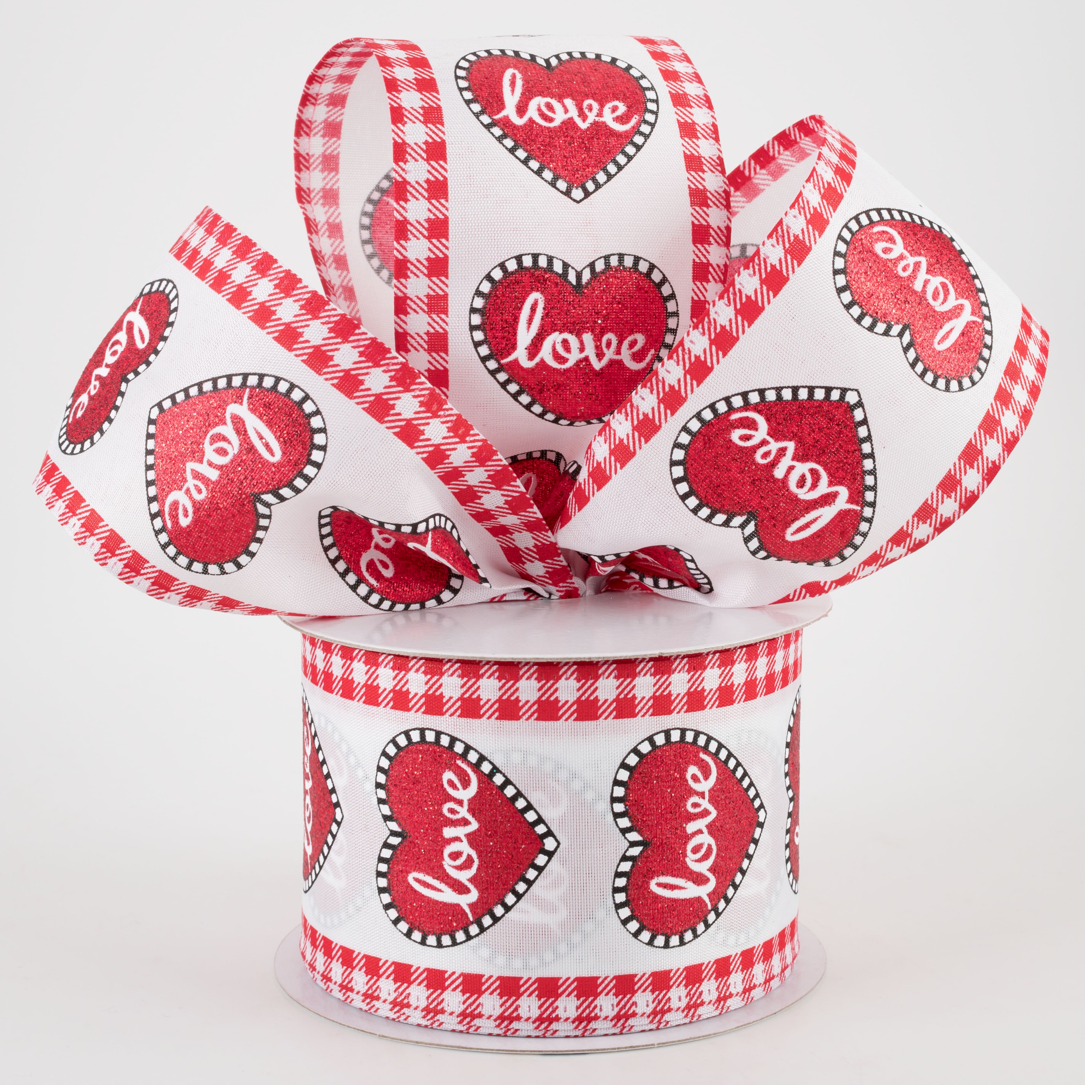 2.5" Love Heart Red Gingham Edge Ribbon (10 Yards)