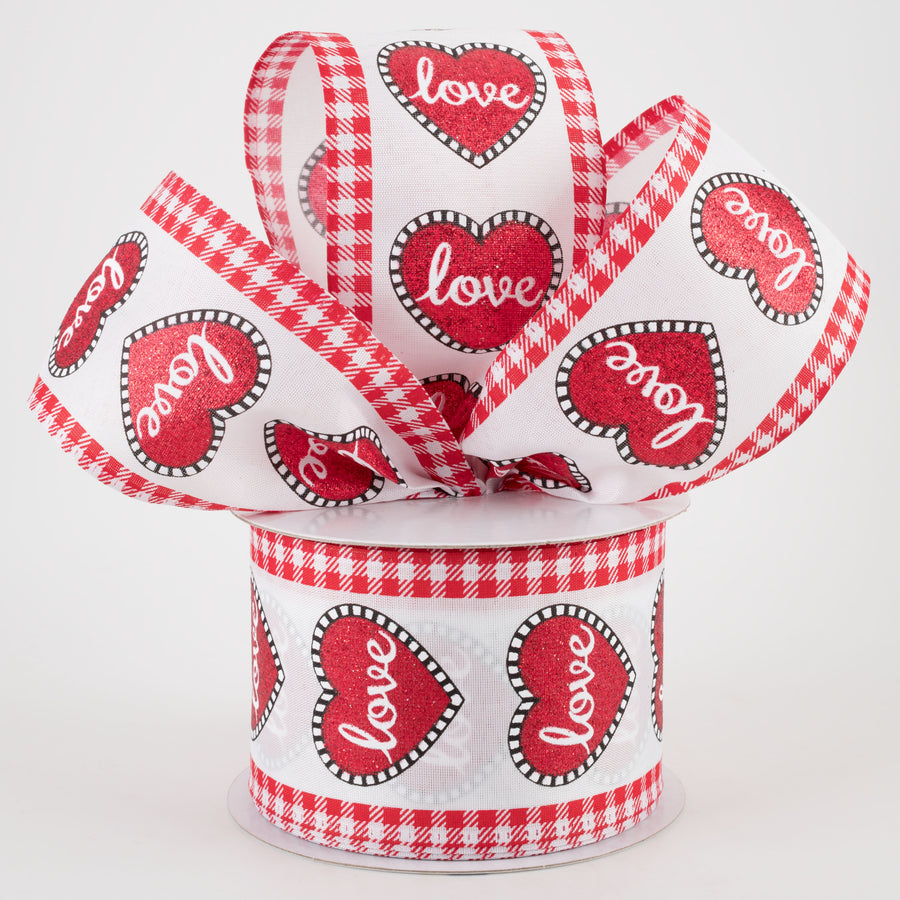 2.5" Love Heart Red Gingham Edge Ribbon (10 Yards)