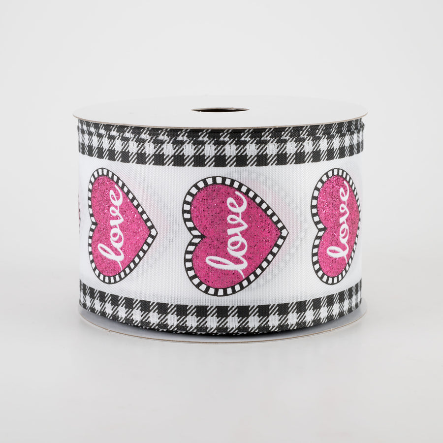 2.5" Love Heart Black Gingham Edge Ribbon (10 Yards)