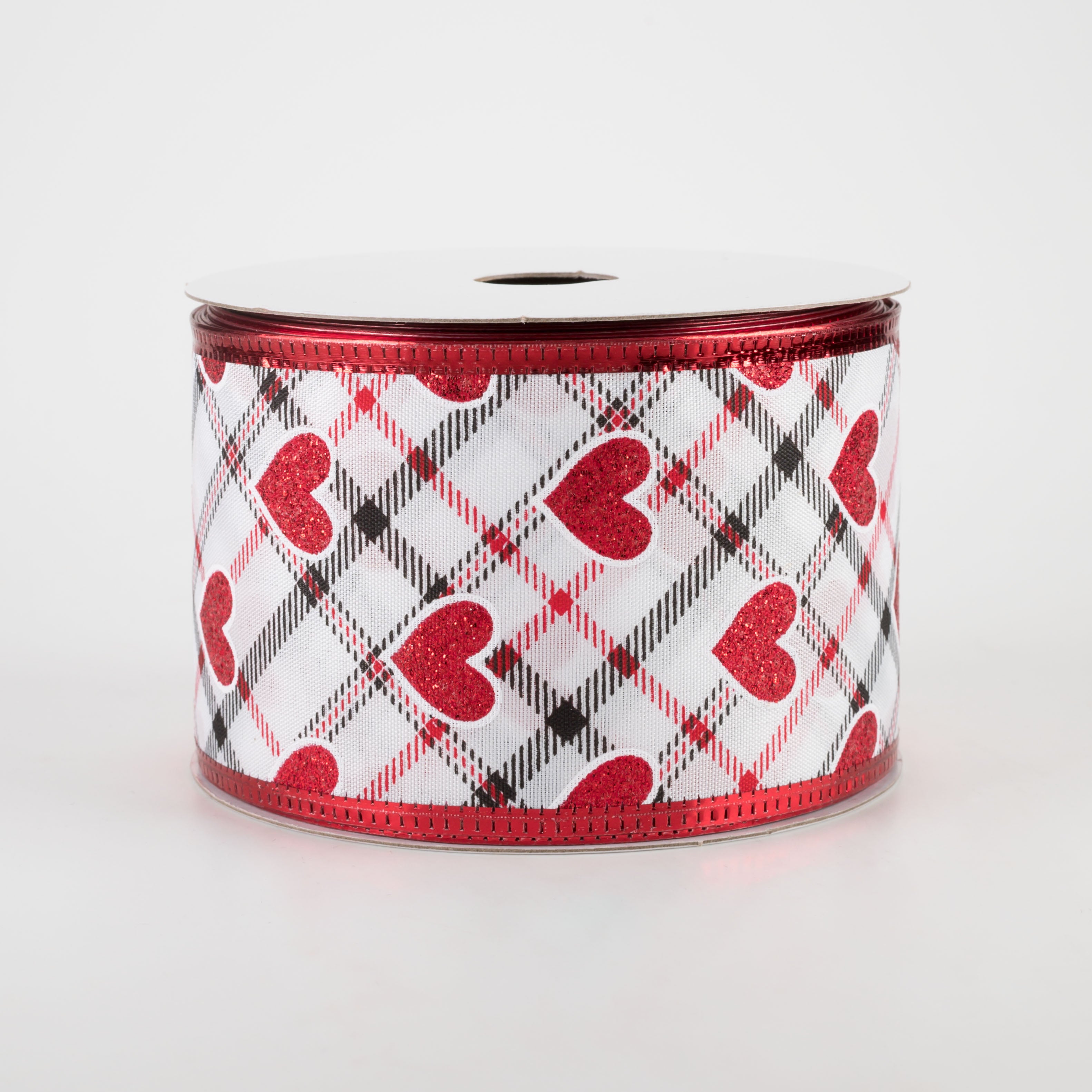 2.5" Red Glitter Hearts on Argyle Ribbon (10 Yards)