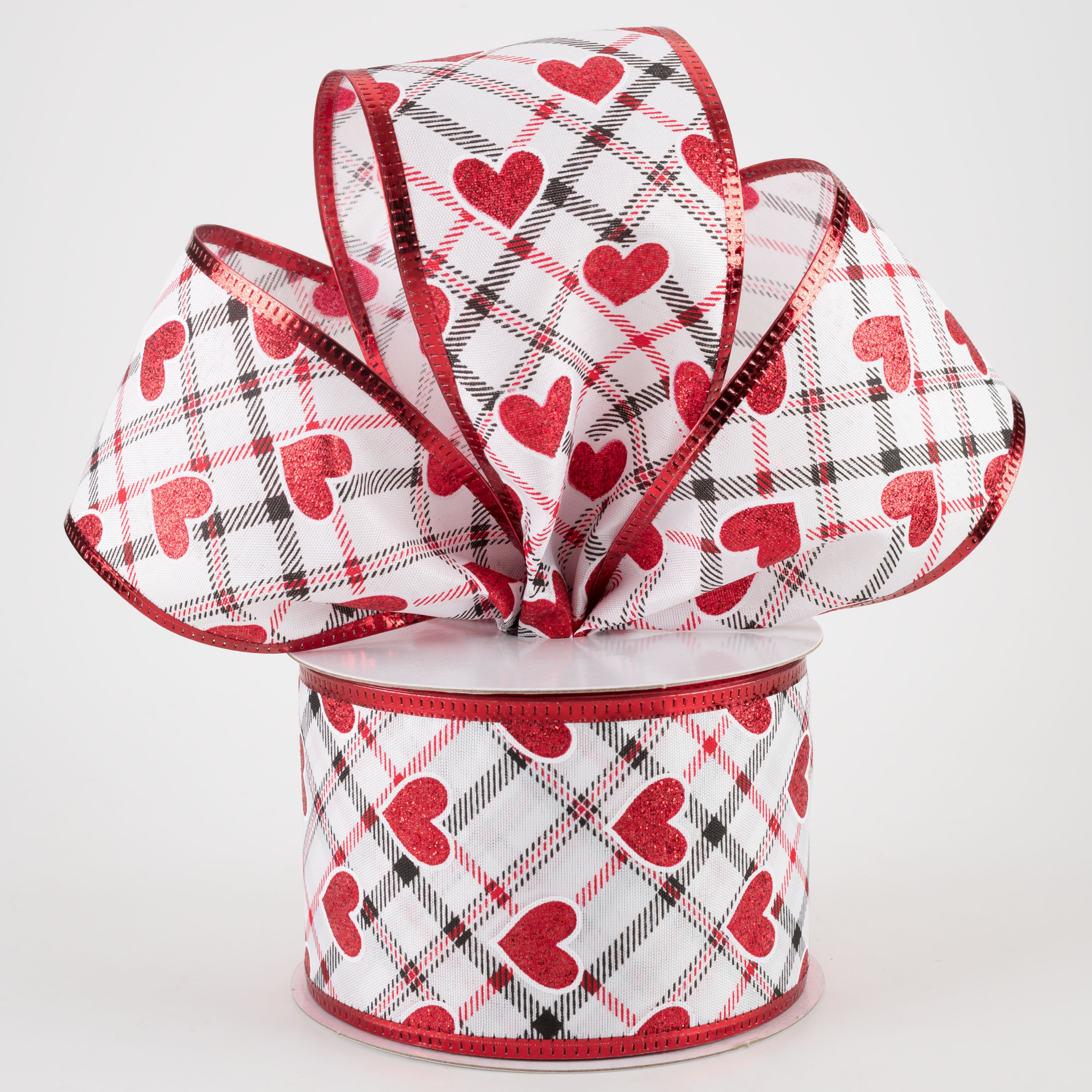 2.5" Red Glitter Hearts on Argyle Ribbon (10 Yards)