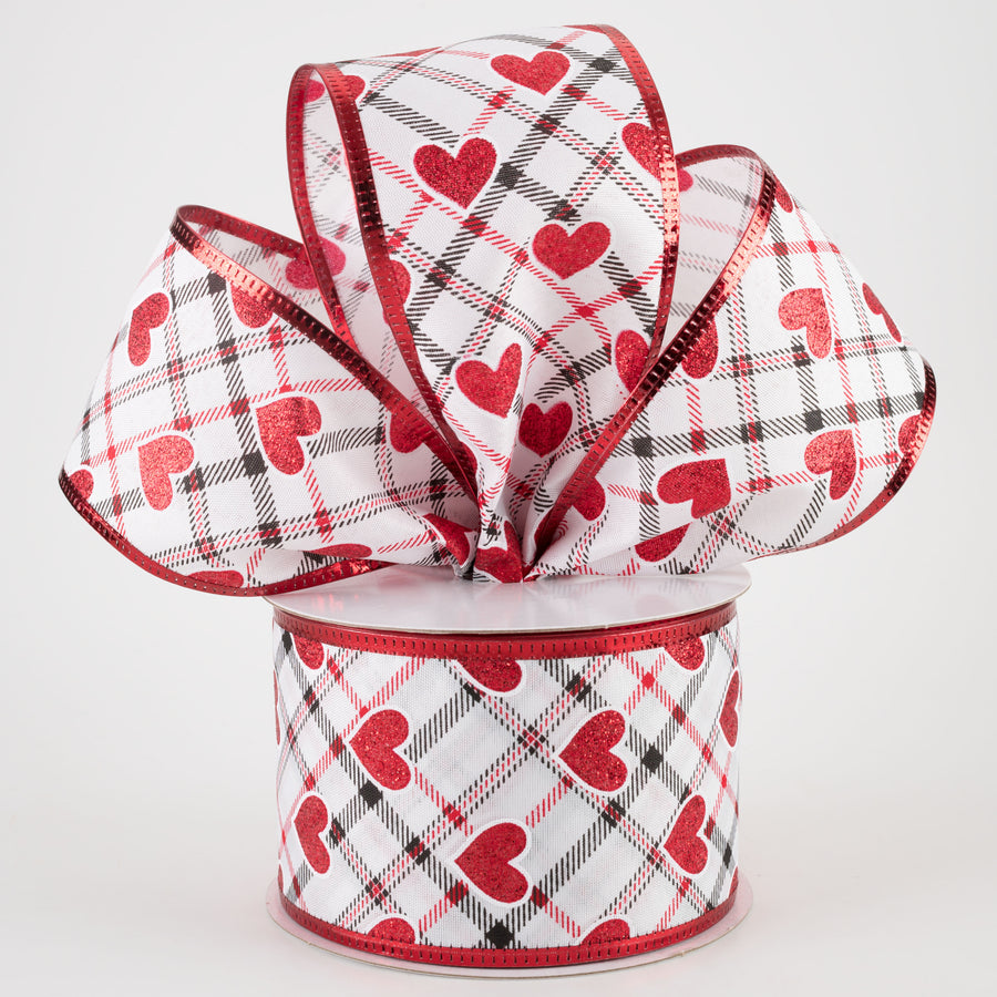 2.5" Red Glitter Hearts on Argyle Ribbon (10 Yards)